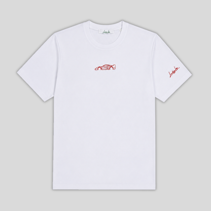T-shirt LuckyLap F40 bianca in cotone biologico con ricamo della supercar italiana del 1987