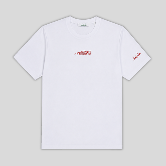 T-shirt LuckyLap F40 bianca in cotone biologico con ricamo della supercar italiana del 1987