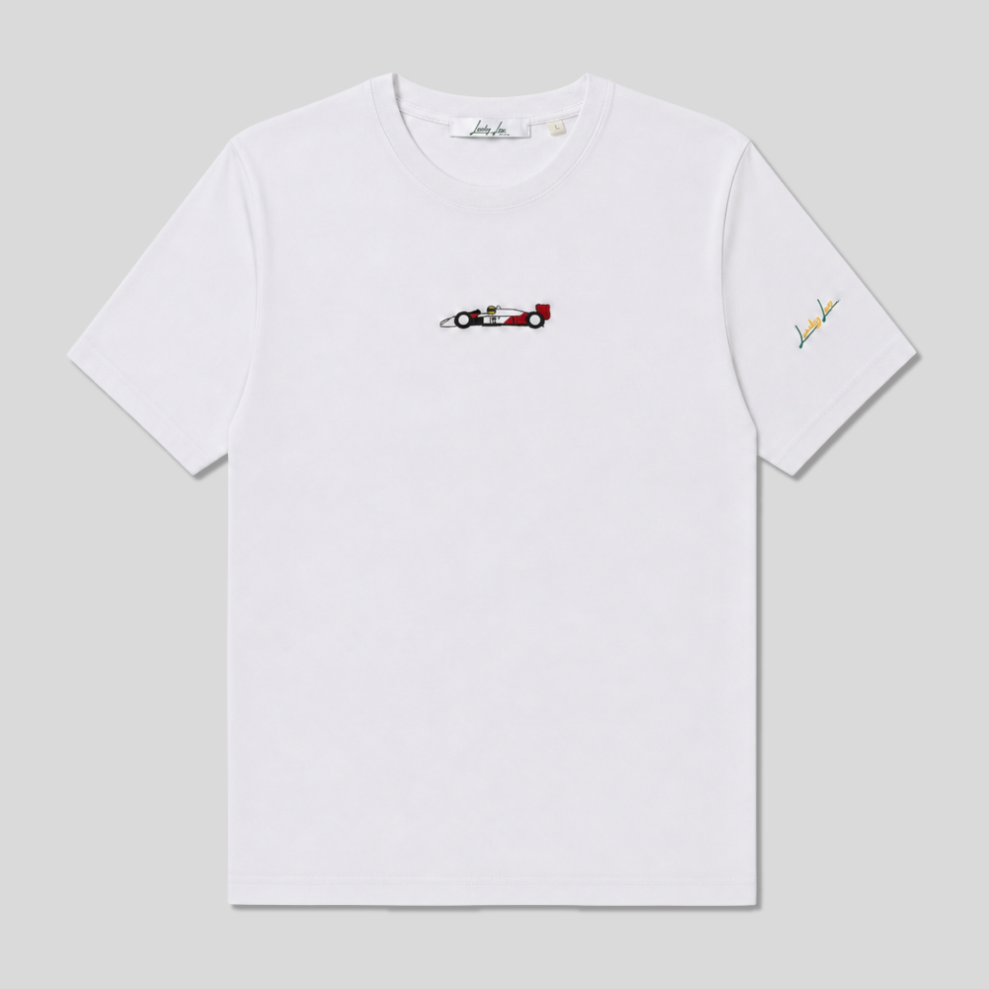 T-shirt LuckyLap Project'88 bianca in cotone biologico con ricamo della monoposto di Formula 1