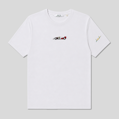 T-shirt LuckyLap Project'88 bianca in cotone biologico con ricamo della monoposto di Formula 1
