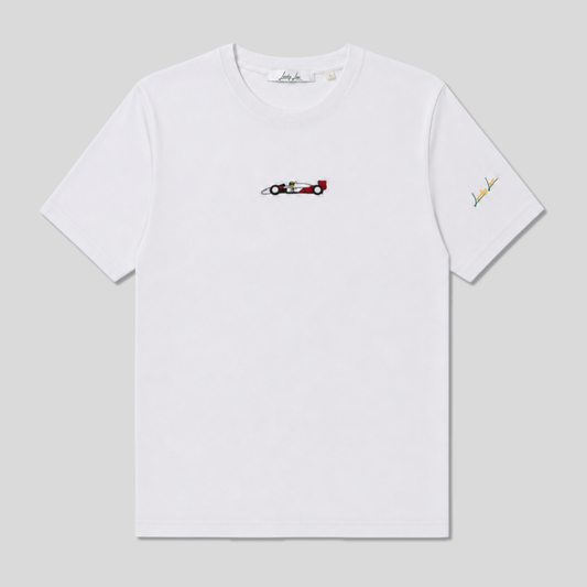 T-shirt LuckyLap Project'88 bianca in cotone biologico con ricamo della monoposto di Formula 1